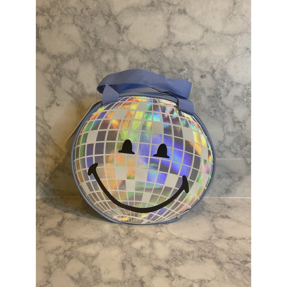 NWT Yoobi x Smiley World Holographic Disco Ball Round Insulated Lunch Bag Blue